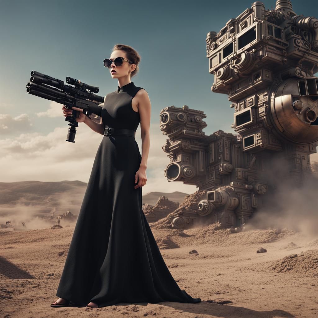 Woman in Black Dress with Minigun