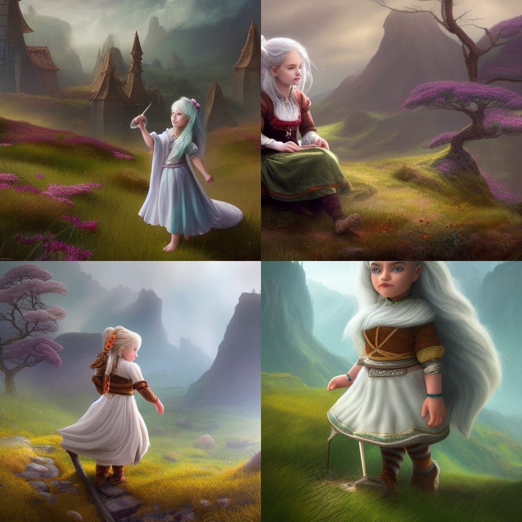 Fantasy Halfling Girl Embroidering in Moorland, Detailed Pai...