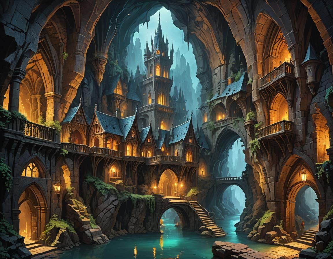 Gothic Underground City in a Cavern: Fantasy Art