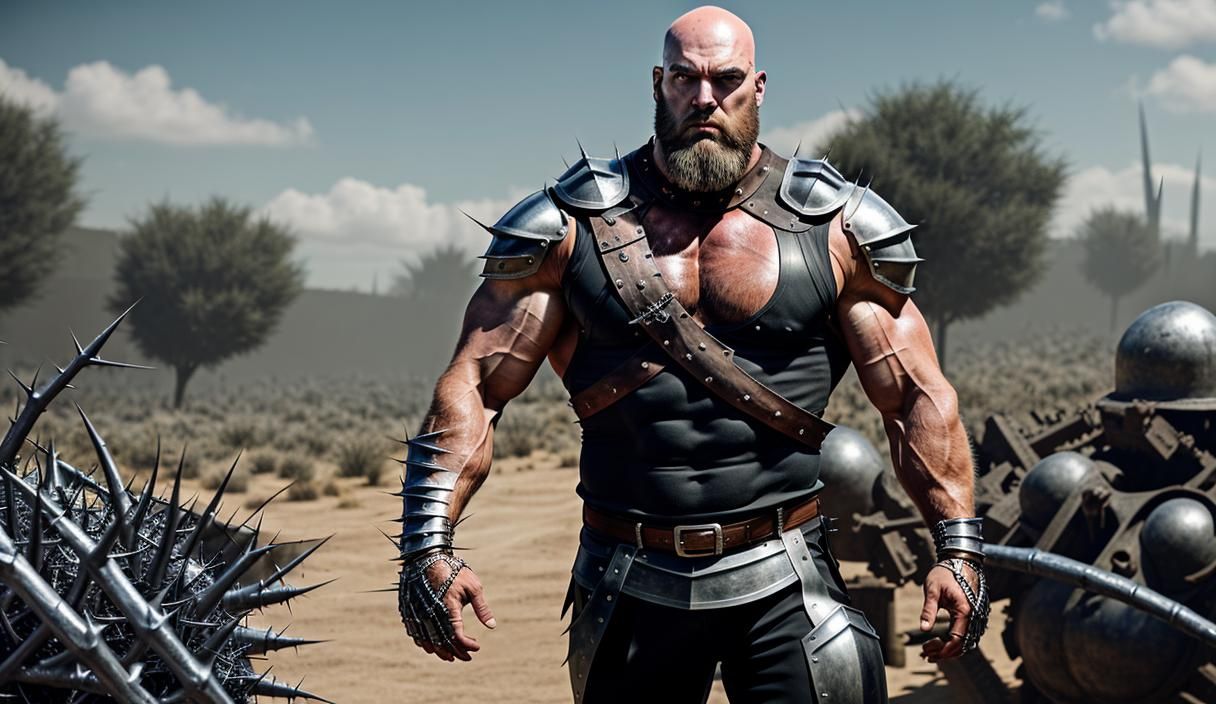 Muscular Knight Pulls Car in Silver Thorn Armor