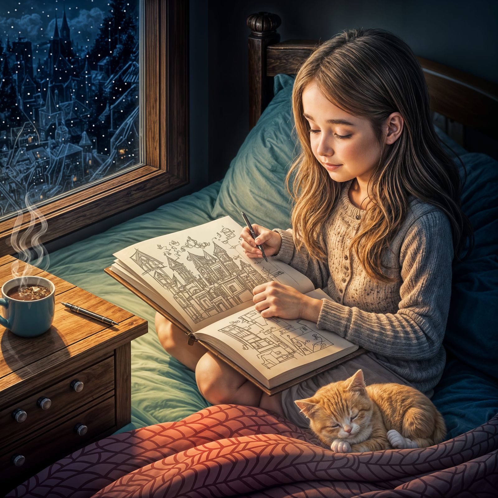 Cozy Girl Draws Elvish Cityscape