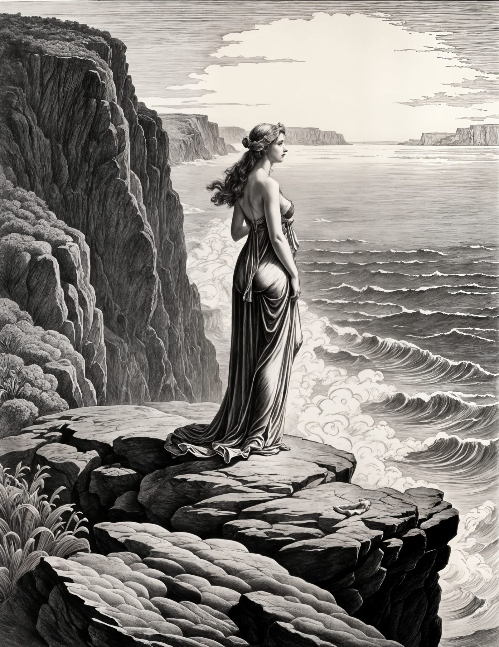 Venus on a Cliff: Elegant Line Engraving