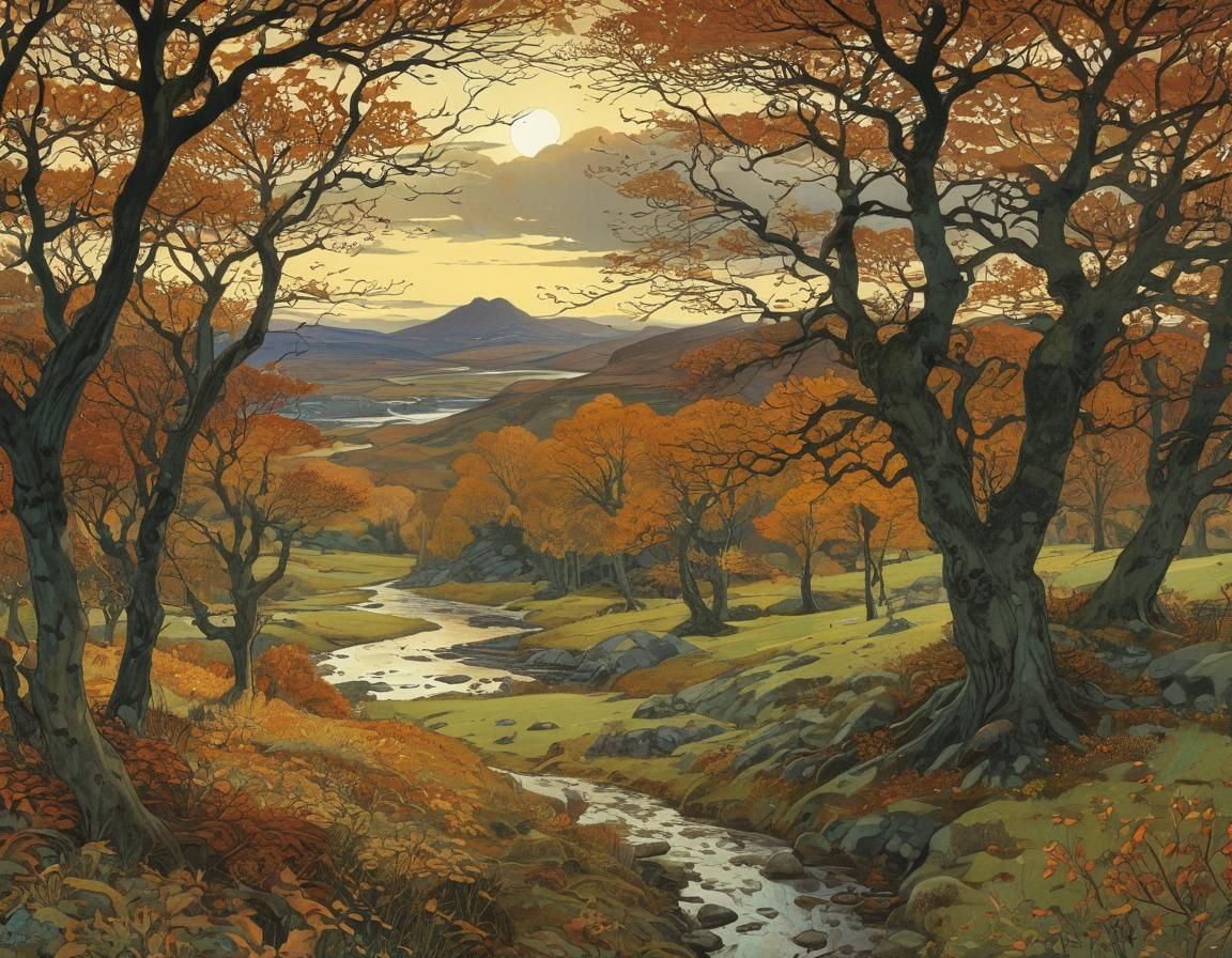 Scottish Autumn Landscape Illuminated by Evening Light