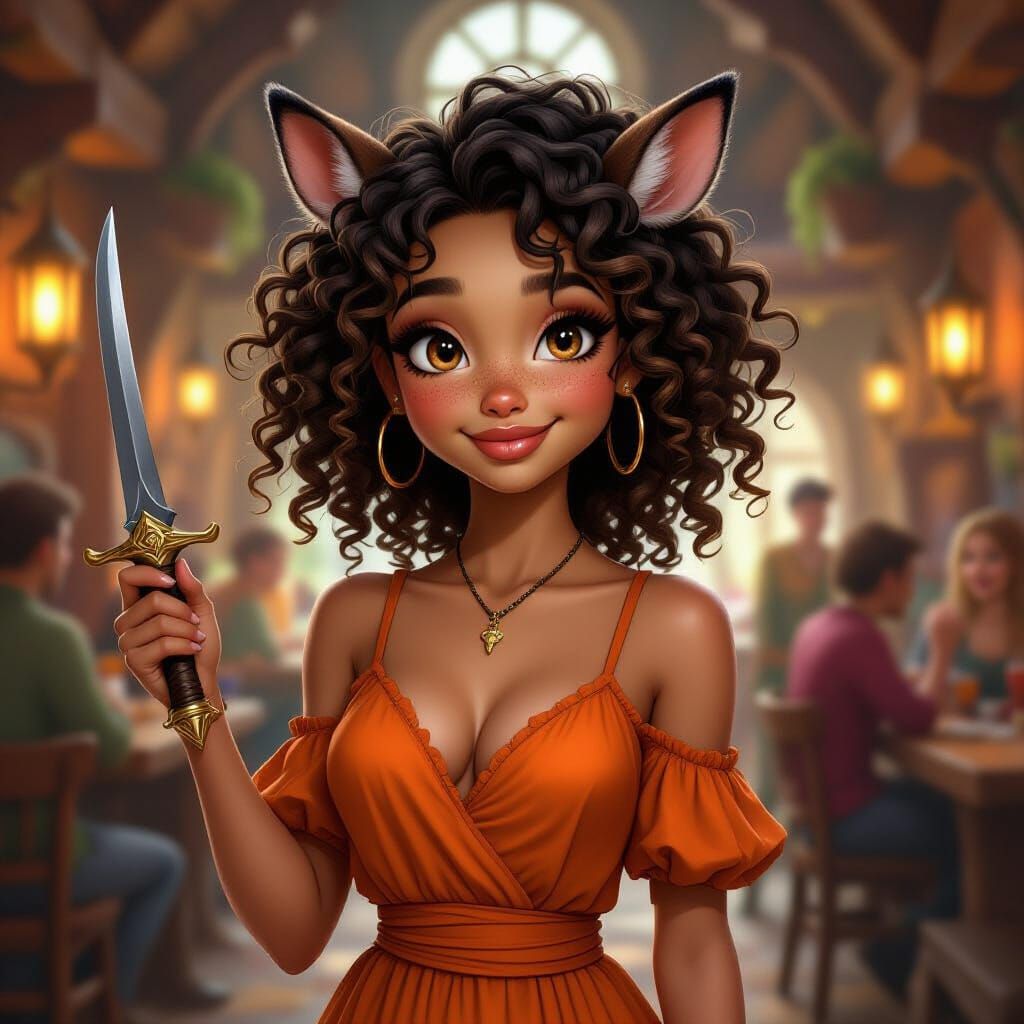 Black Female Fawn With Dagger In Orange Dress
