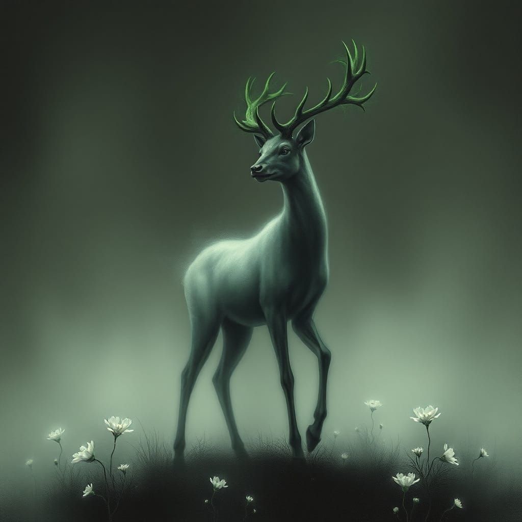 Ethereal Doe Between Worlds: An Eerie Oil Painting