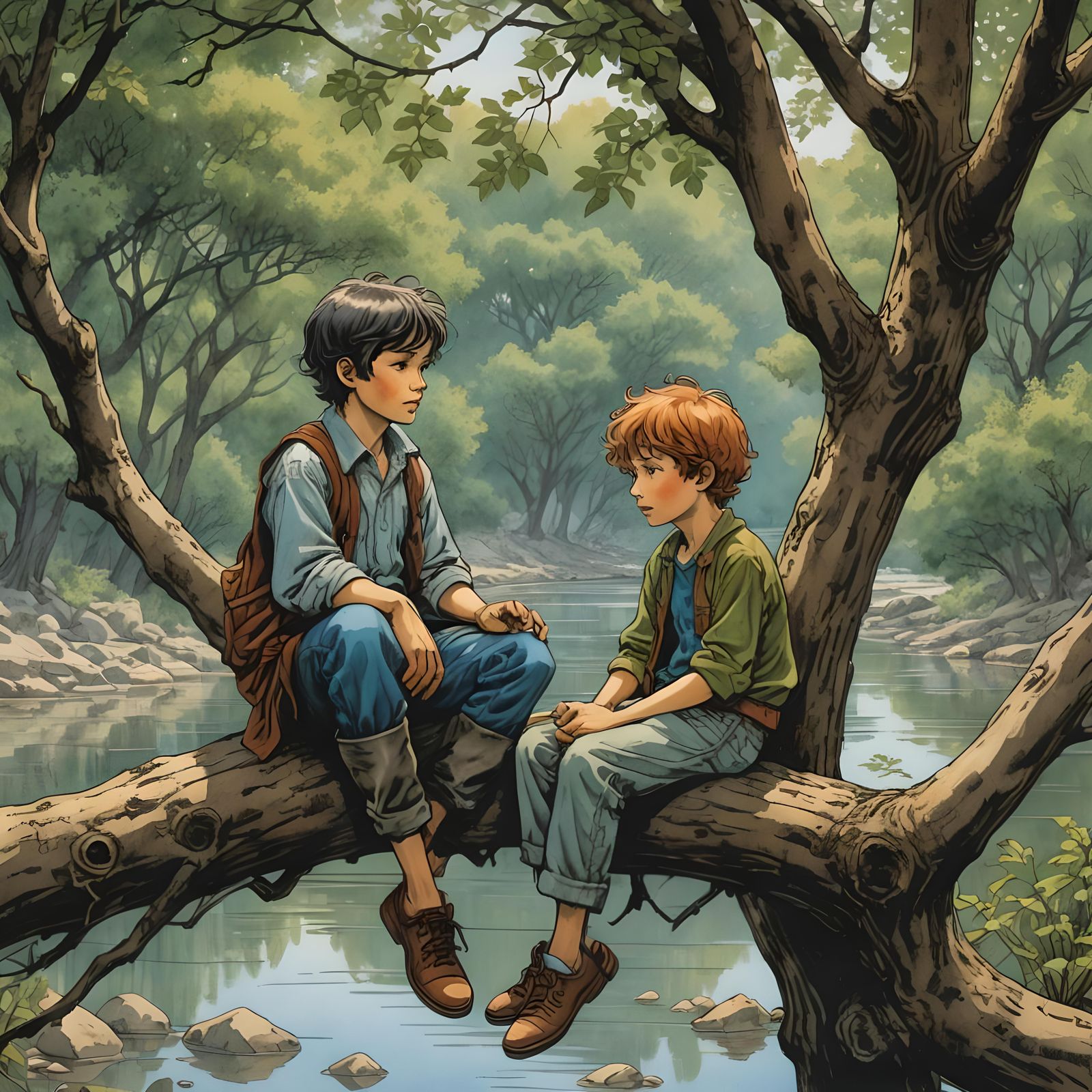 Boys on Branch: Comic Book Illustration
