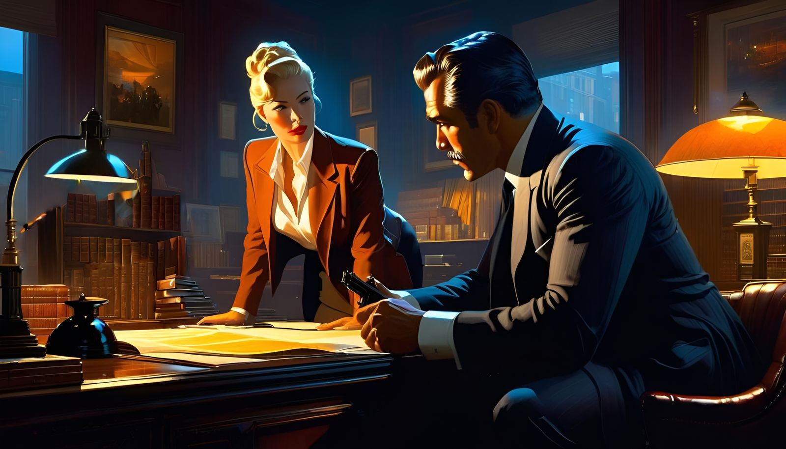 A private detective from old movies and his secretary discussing the case