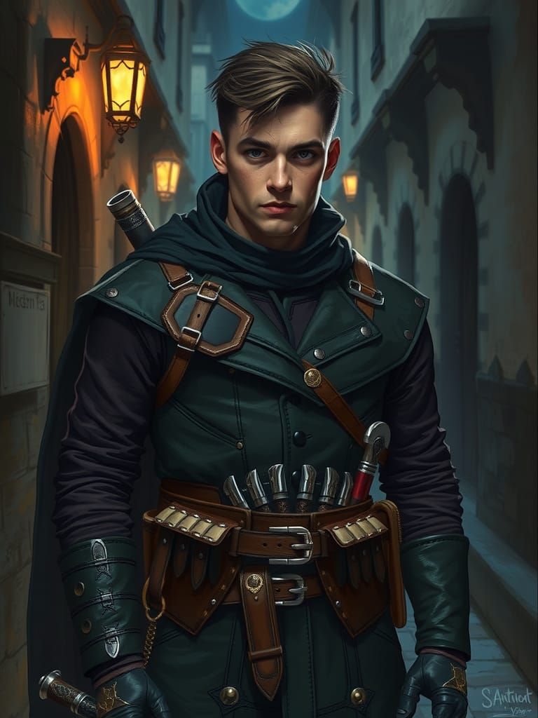 Fantasy Hero Infiltration Expert in Medieval City Alleyway