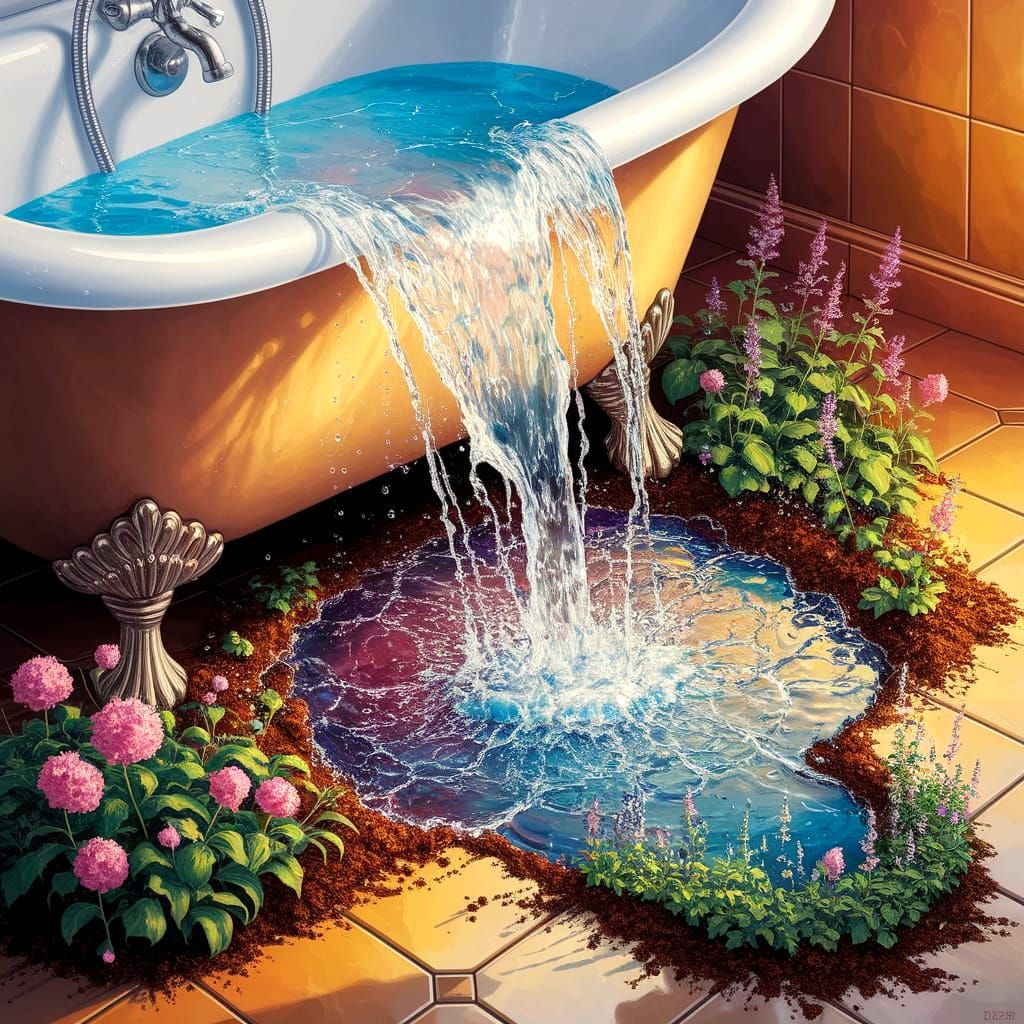 Hyperdetailed Garden Bathtub in Alcohol Inks and Gouache