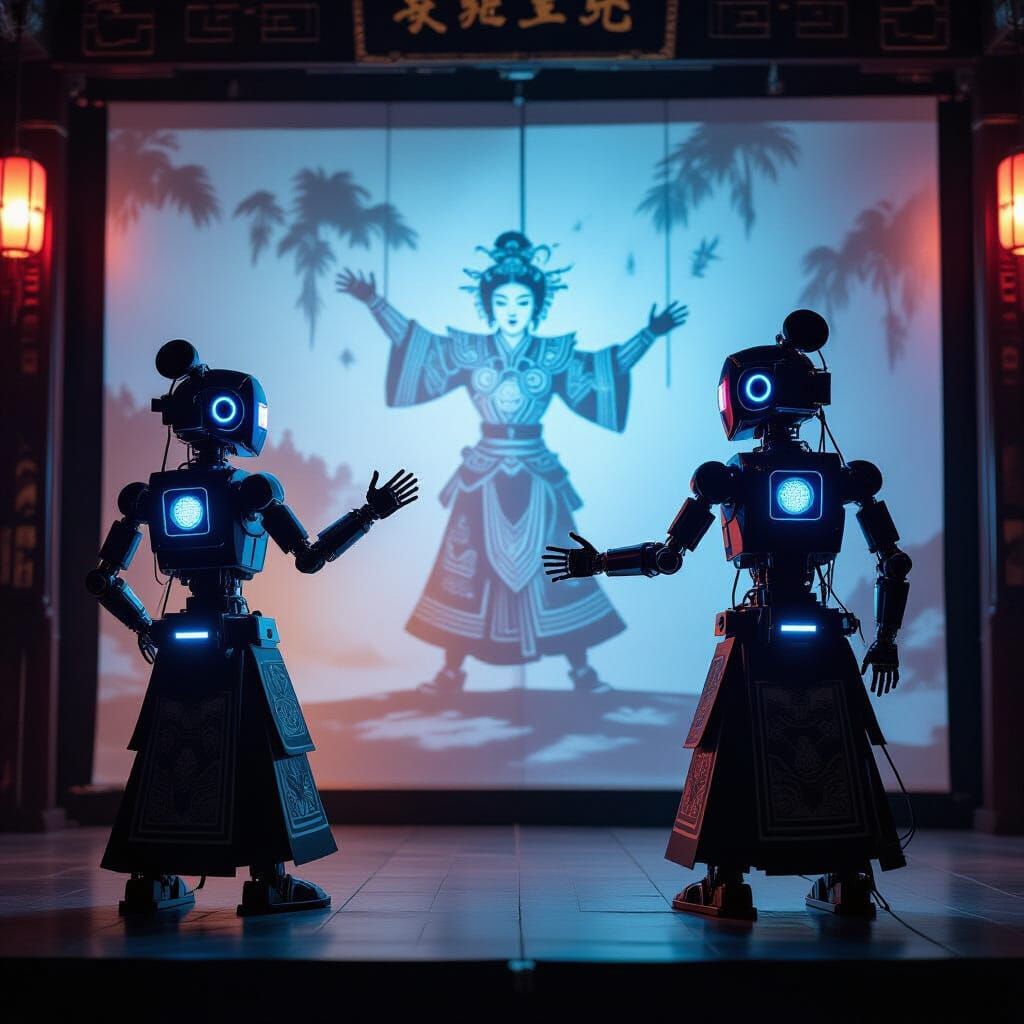 Futuristic Shadow Puppetry in Cyberpunk Style