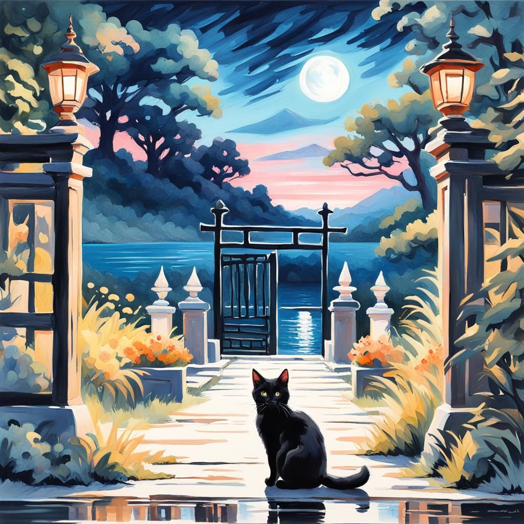 Black Kitten Behind Tori Gate in Gouache Style