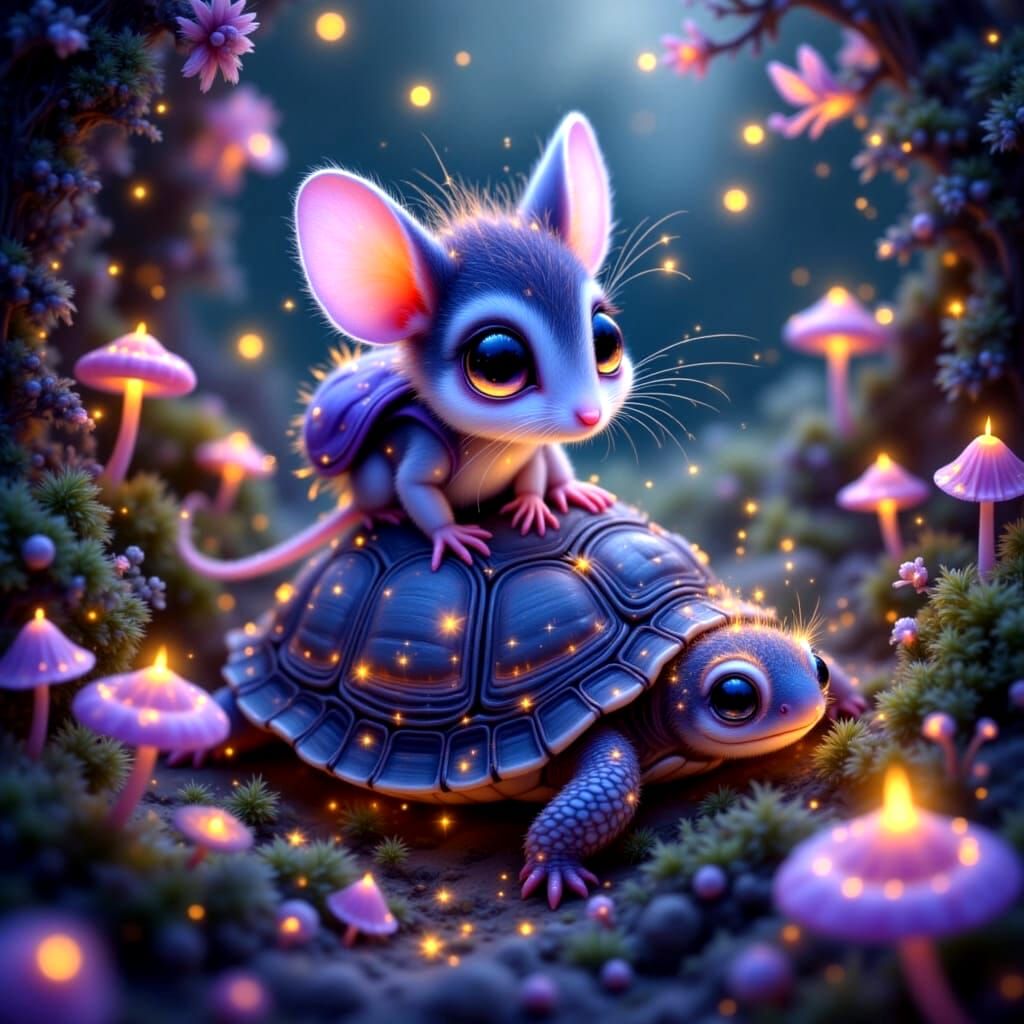 Cute Baby Mouse Riding on a Happy Turtle in a Whimsical Fore...