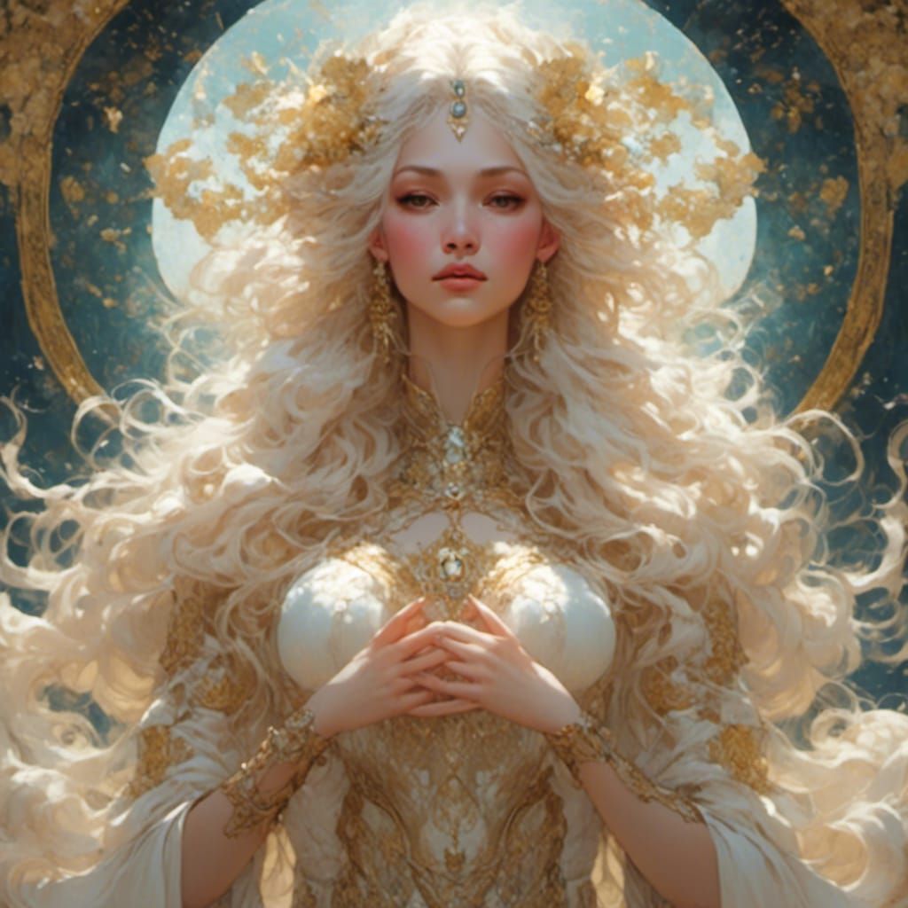 Gemini Goddess Dances Between Constellations as Oil Painting