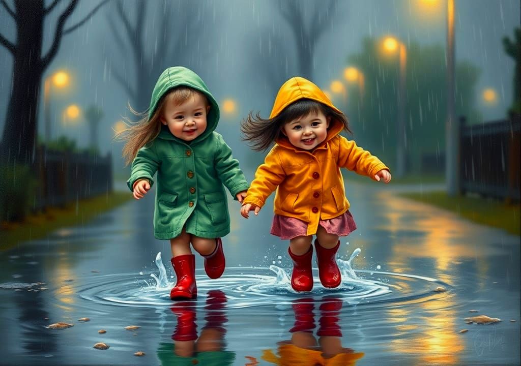 Children's Joyful Play in Rainy Oil Painting