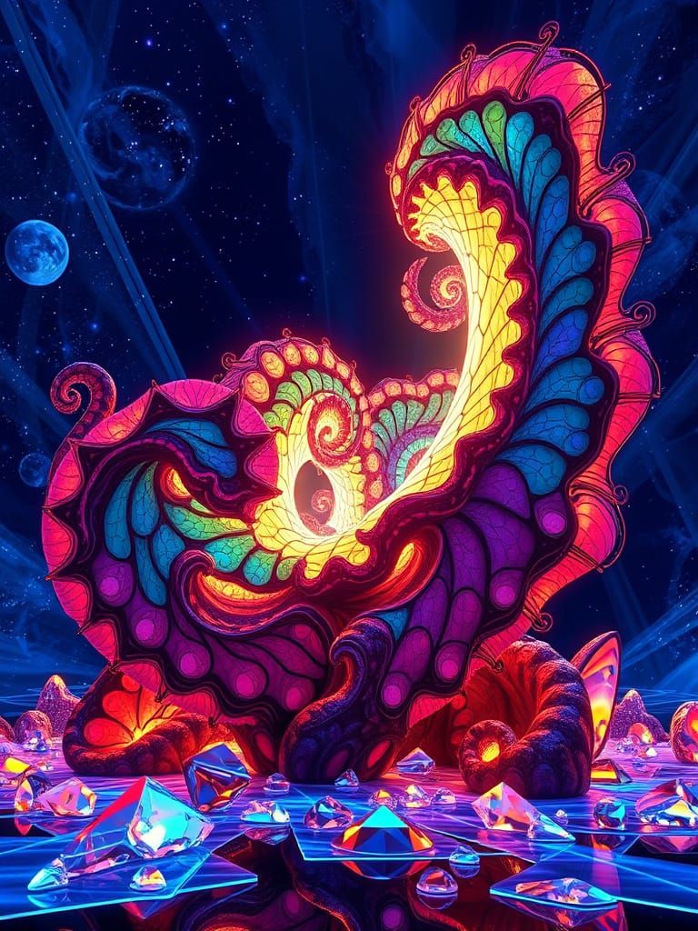 Neon Fractal Stained Glass Sculpture in a Digital Art Style