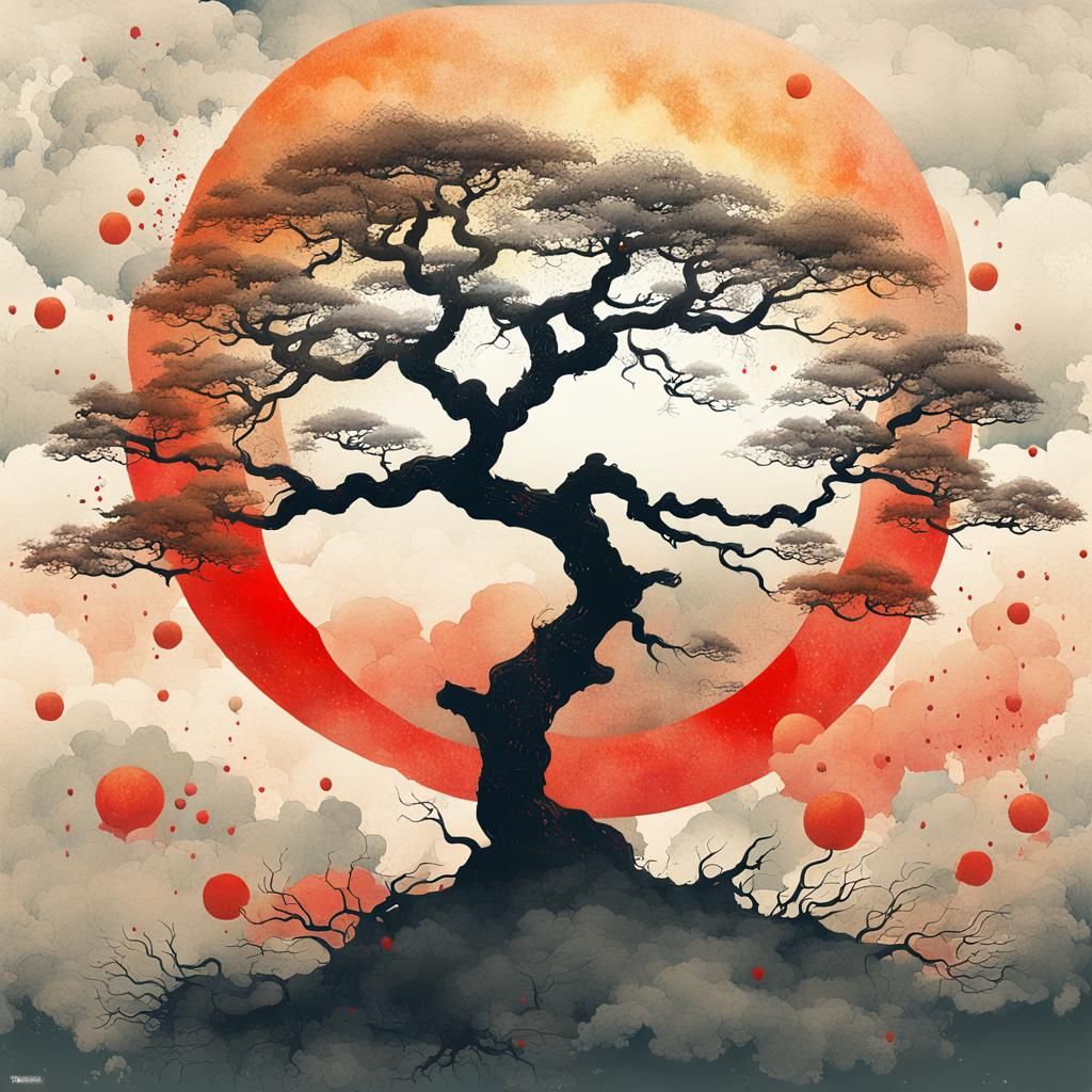 Old Tree in Japanese Ink Painting Style