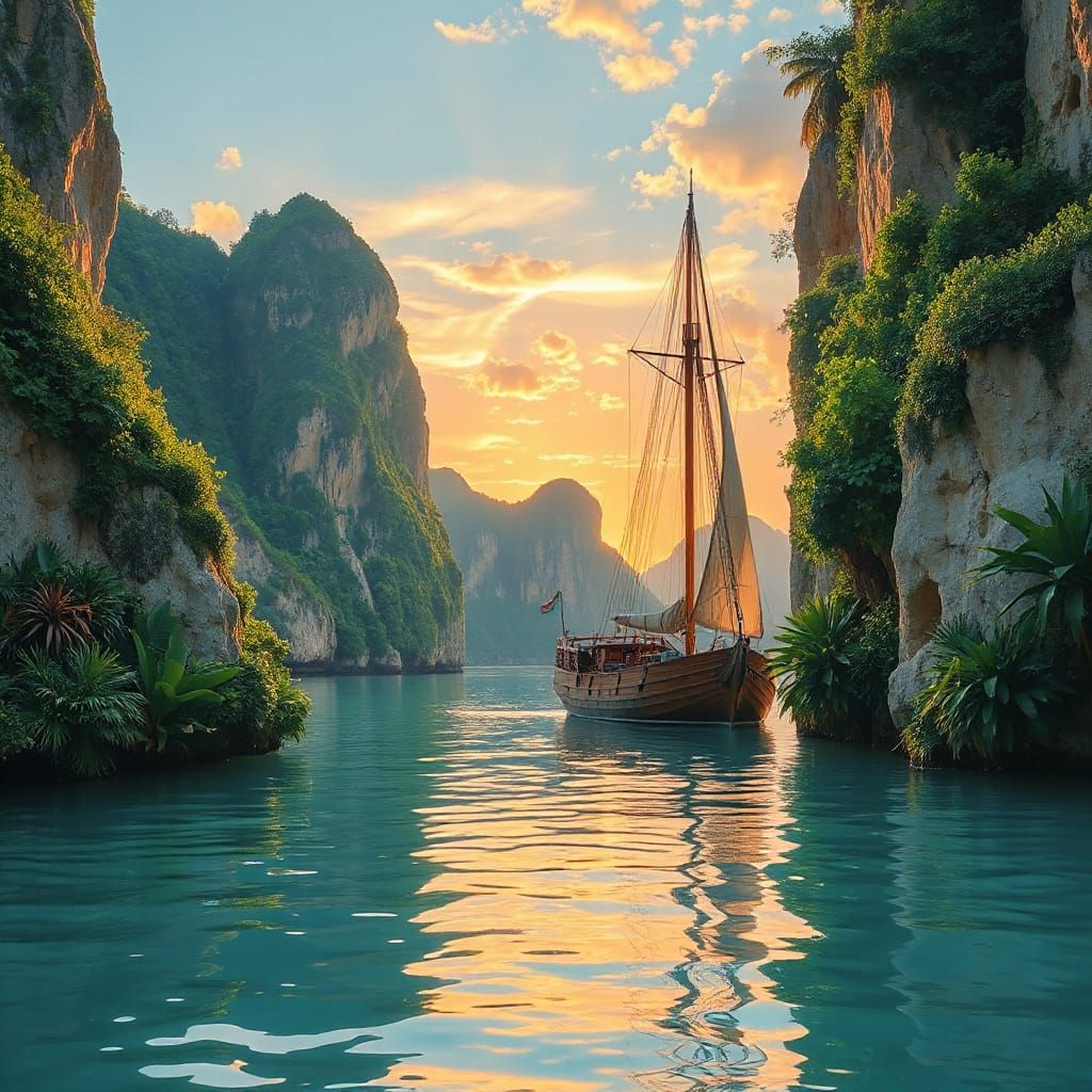 Sailing Ship Navigating Tropical Waterway in Impressionistic...