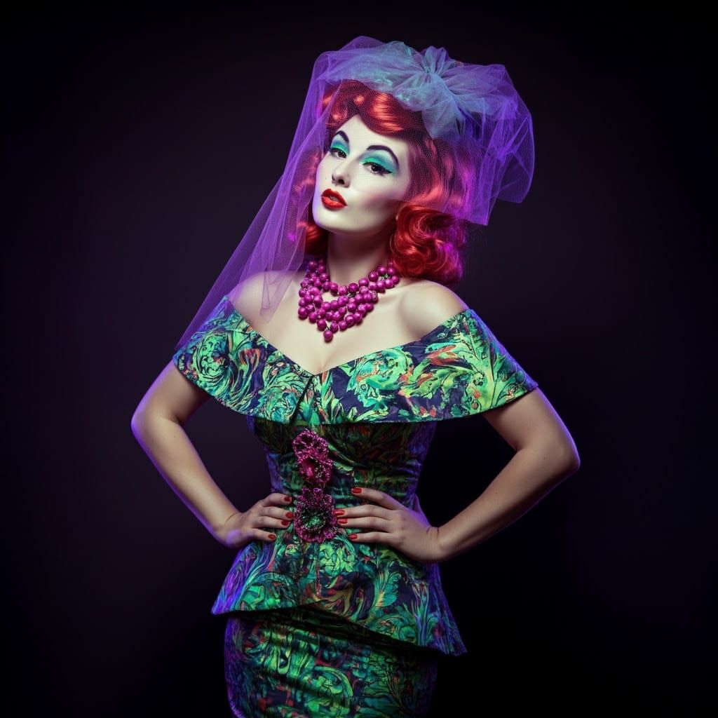 Kitschy Pinup Lady in Fluorescent Veil