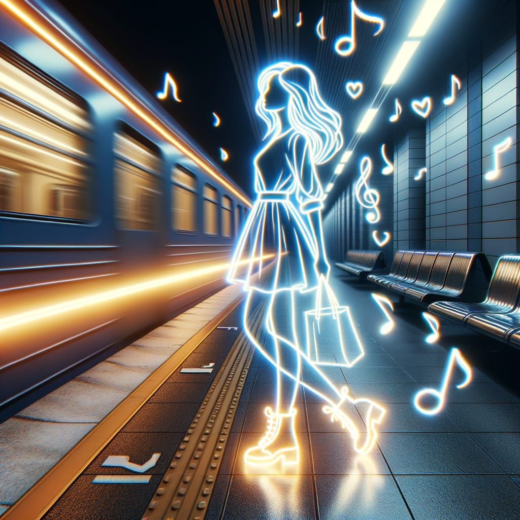 Neon Line Art Girl in Moody Subway Station