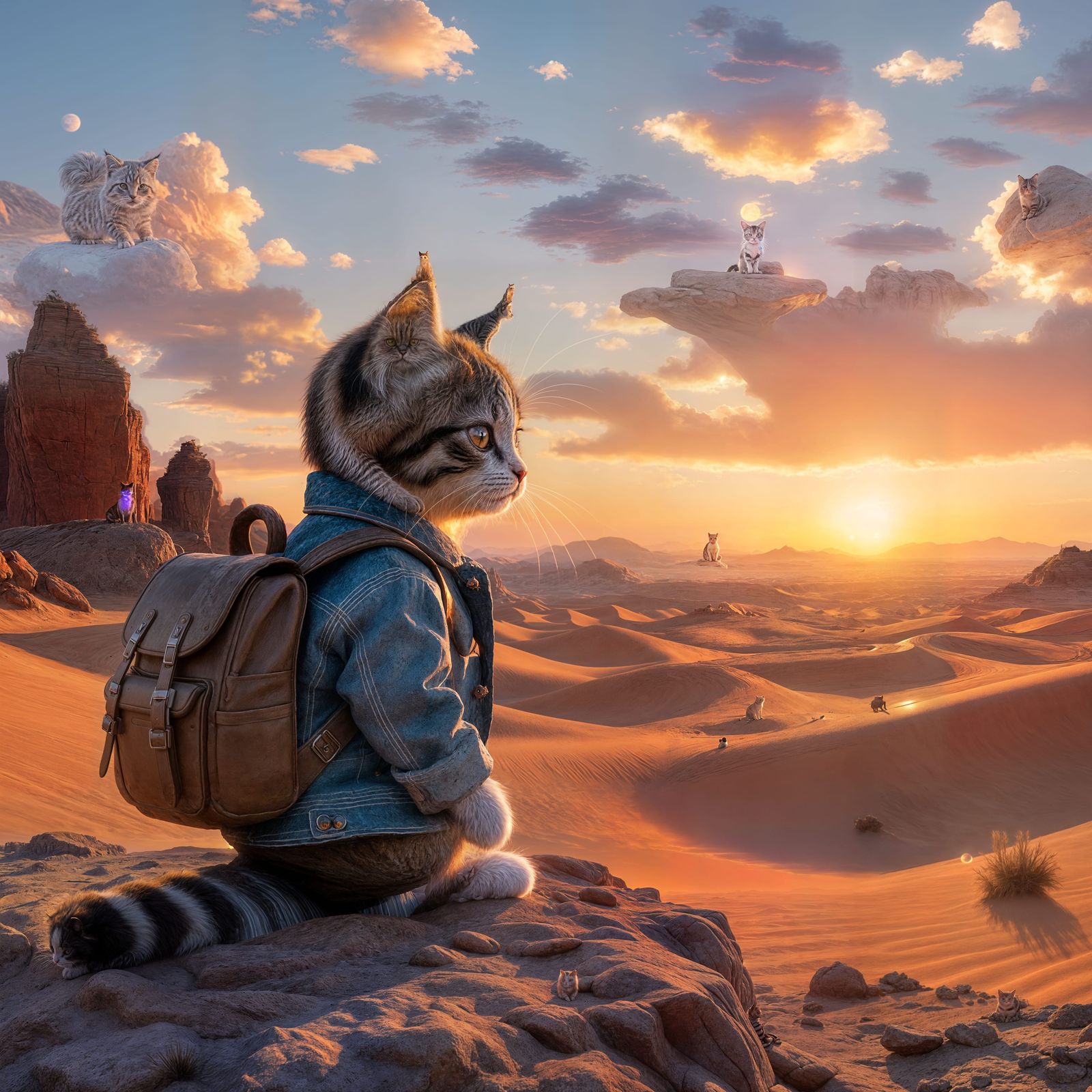 Grumpy Kitten at Desert Sunset: 3D Anime Art