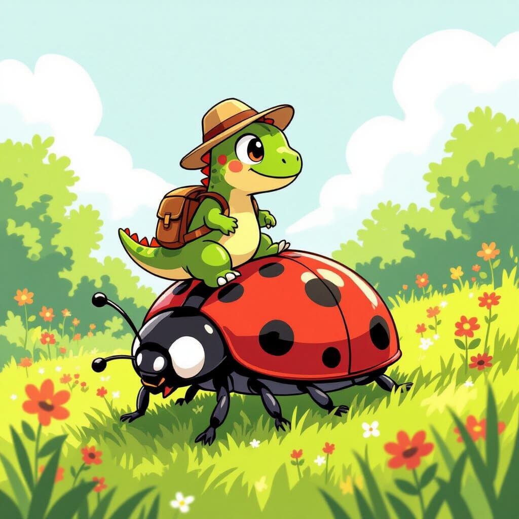 Dinosaur Rides Ladybug in Anime Style