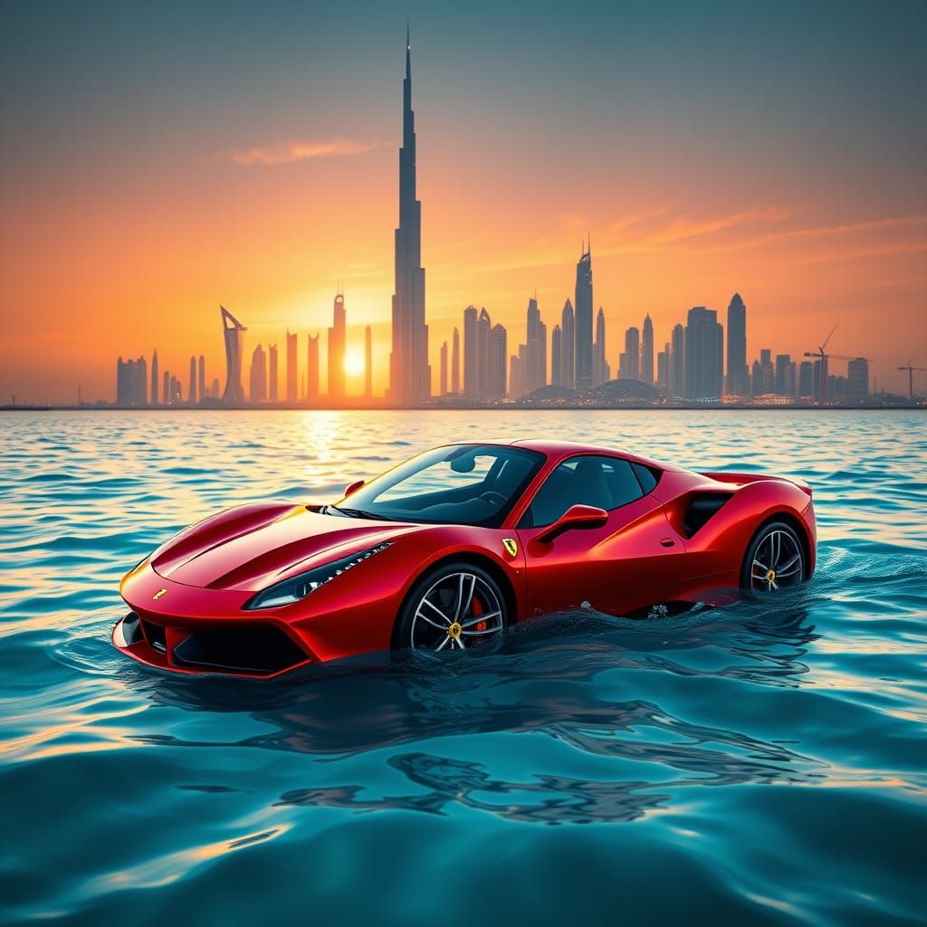 Ferrari in Dubai Waters at Sunset
