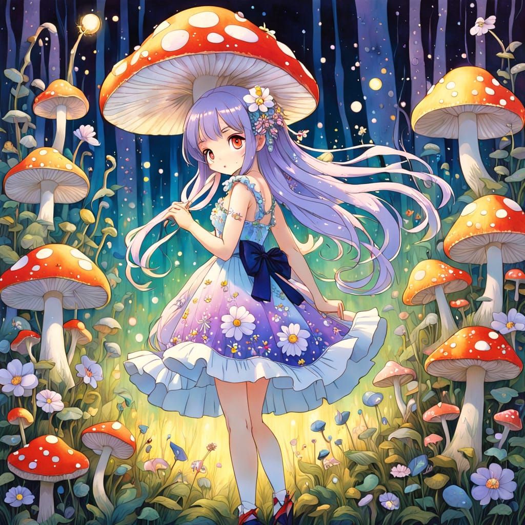 Whimsical Anime Girl in a Dreamy Mushroom Field