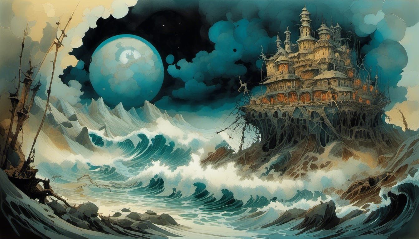 Ocean Coast with Dock: Surreal 3D Oil Painting