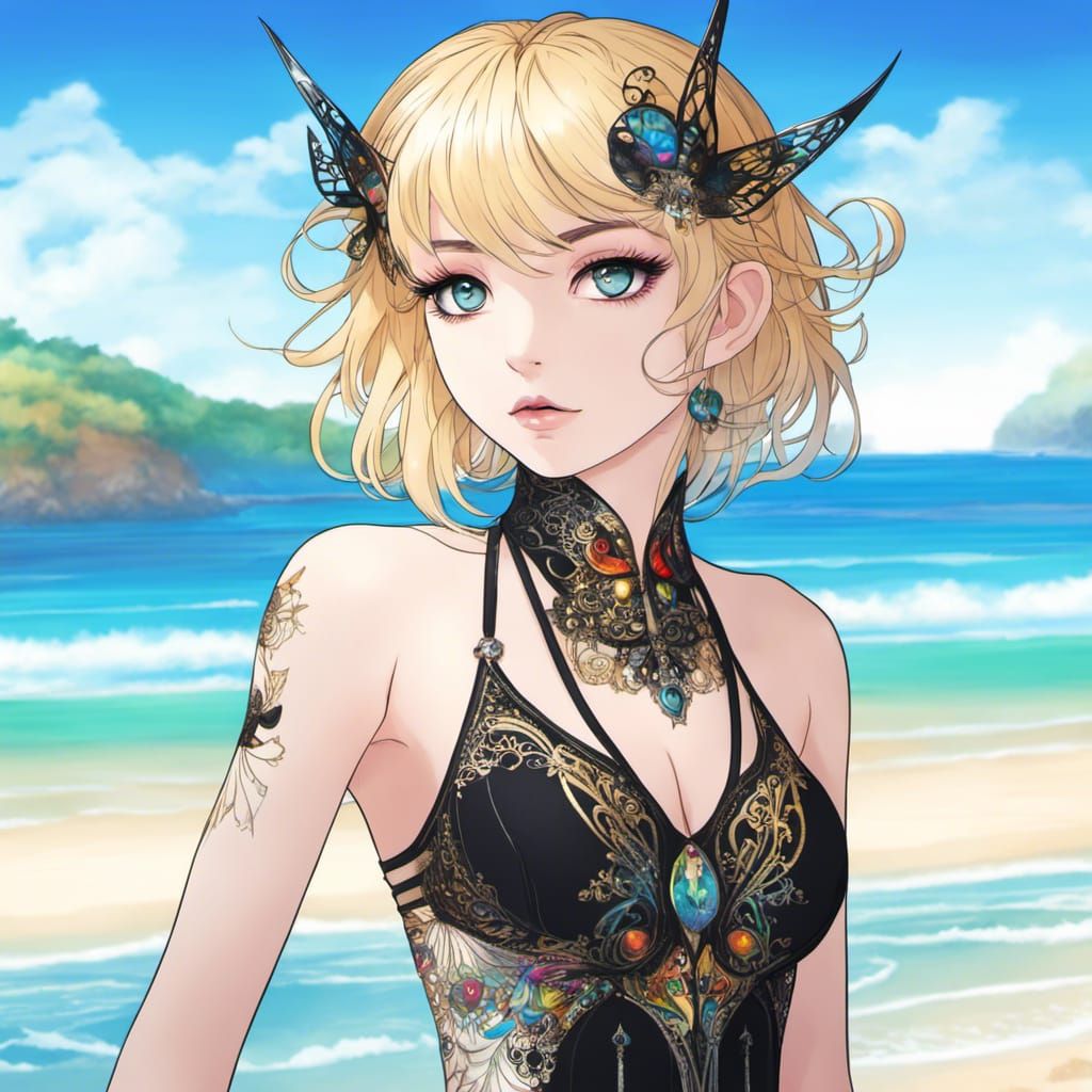 Goth Goddess Portrait on Beach in Anime Style