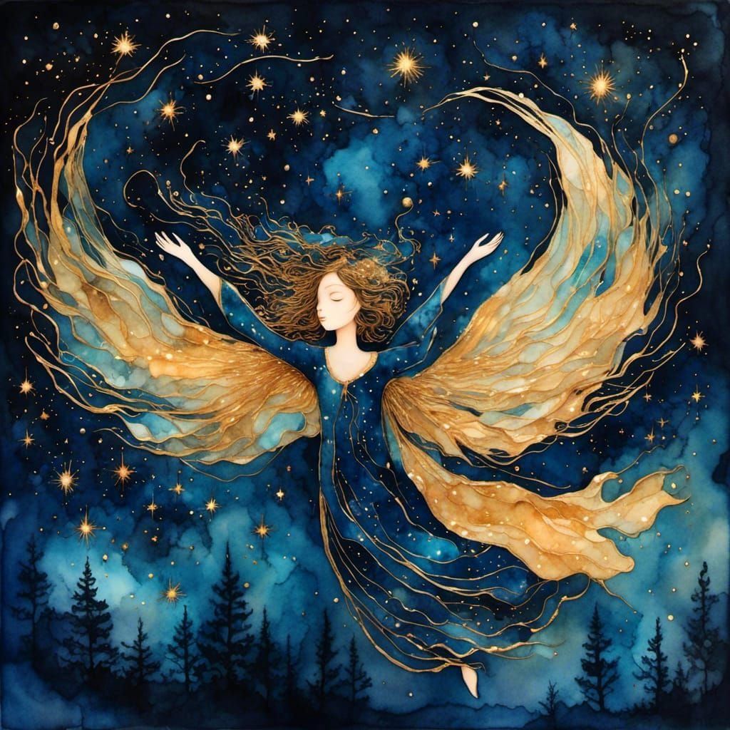 Celestial Angel Dancing in Impressionist Ink Sketch