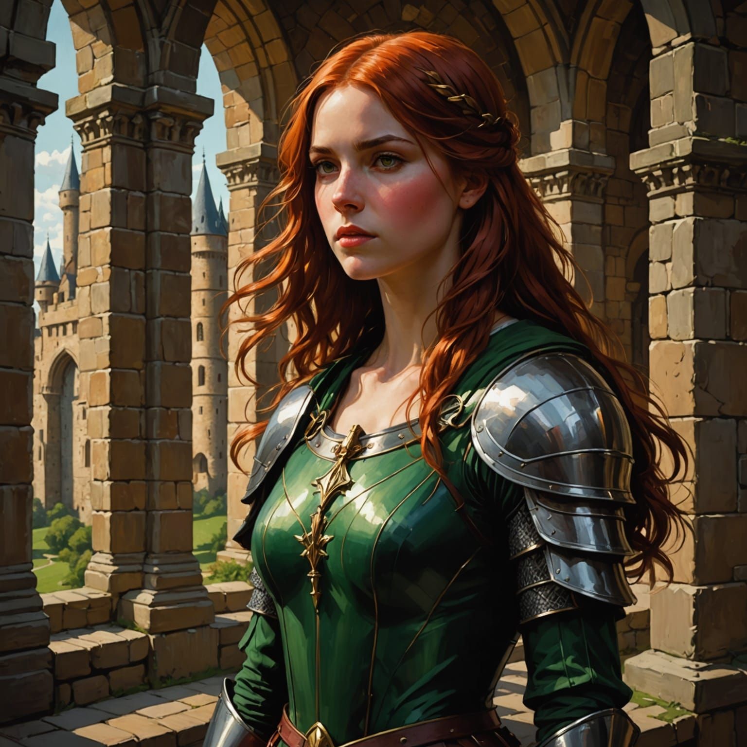 Luminous Paladin Girl in Castle, Chiaroscuro Style