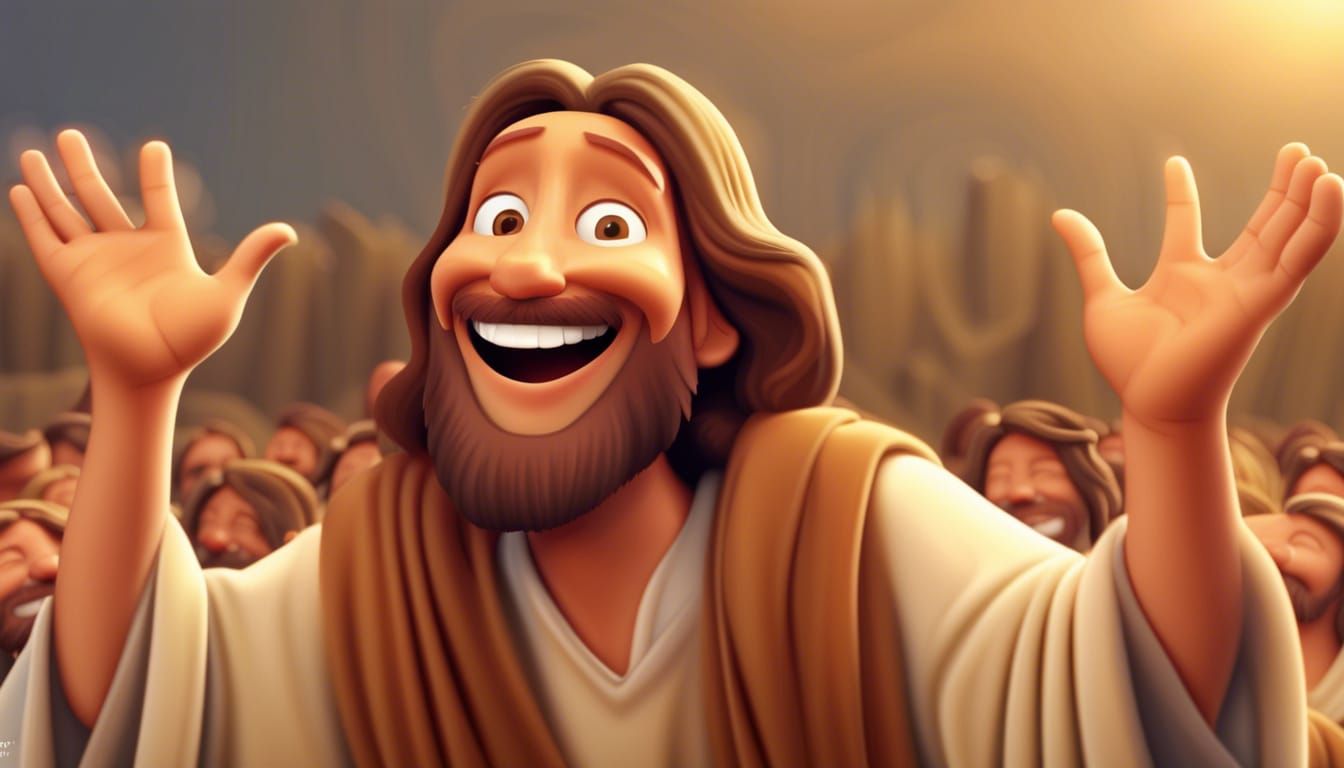 Cartoon Jesus Smiling and Waving: Matte Painting