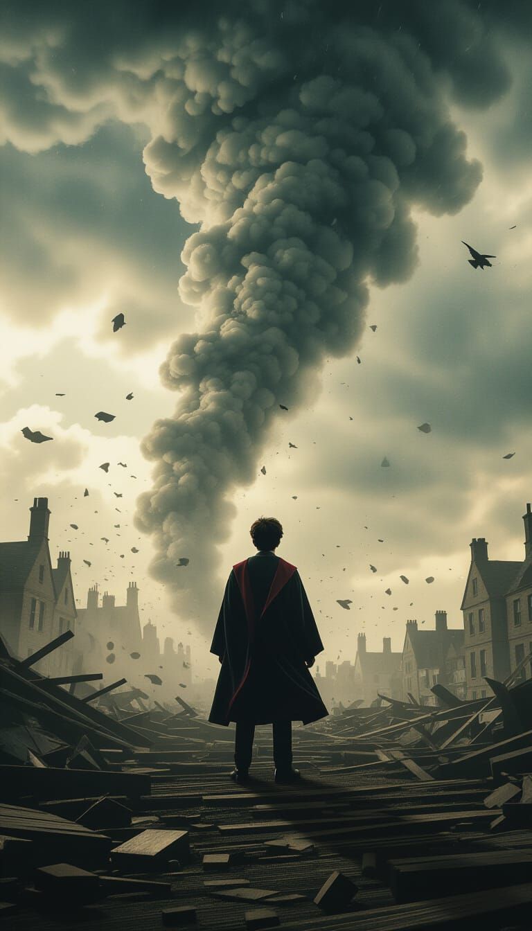 Harry Potter Confronts Tornado in Cinematic Dark Fantasy