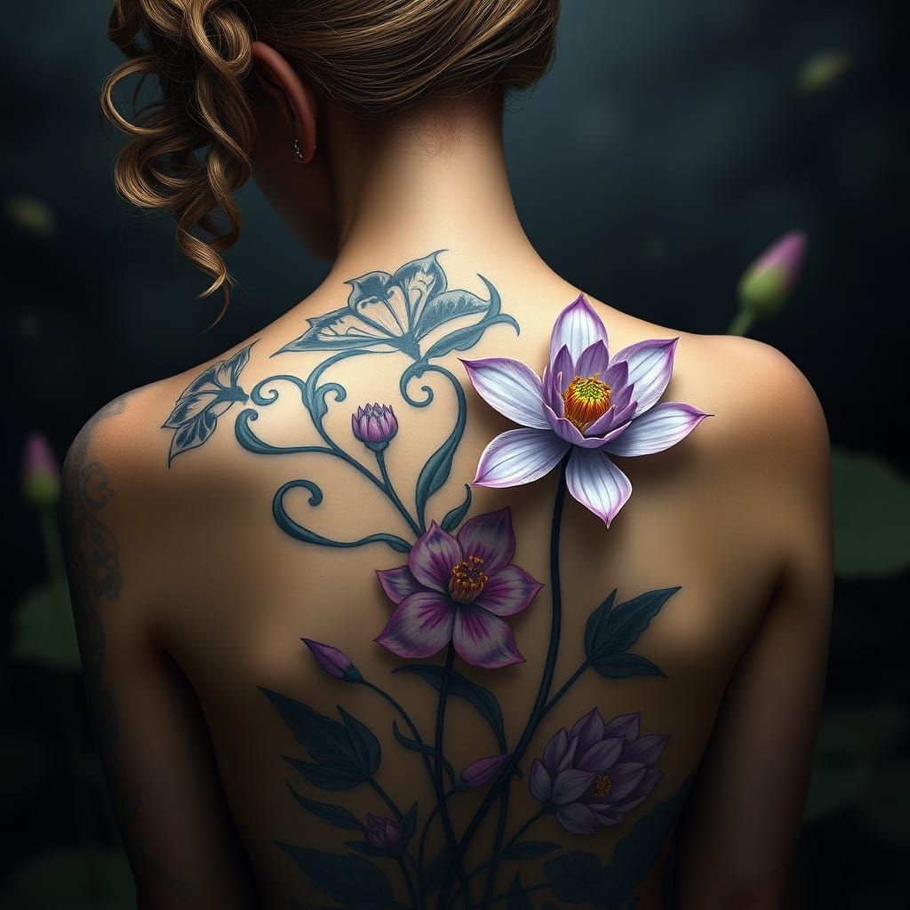 Young Woman Adorns Her Back with Gothic Tattoo of Larkspur a...