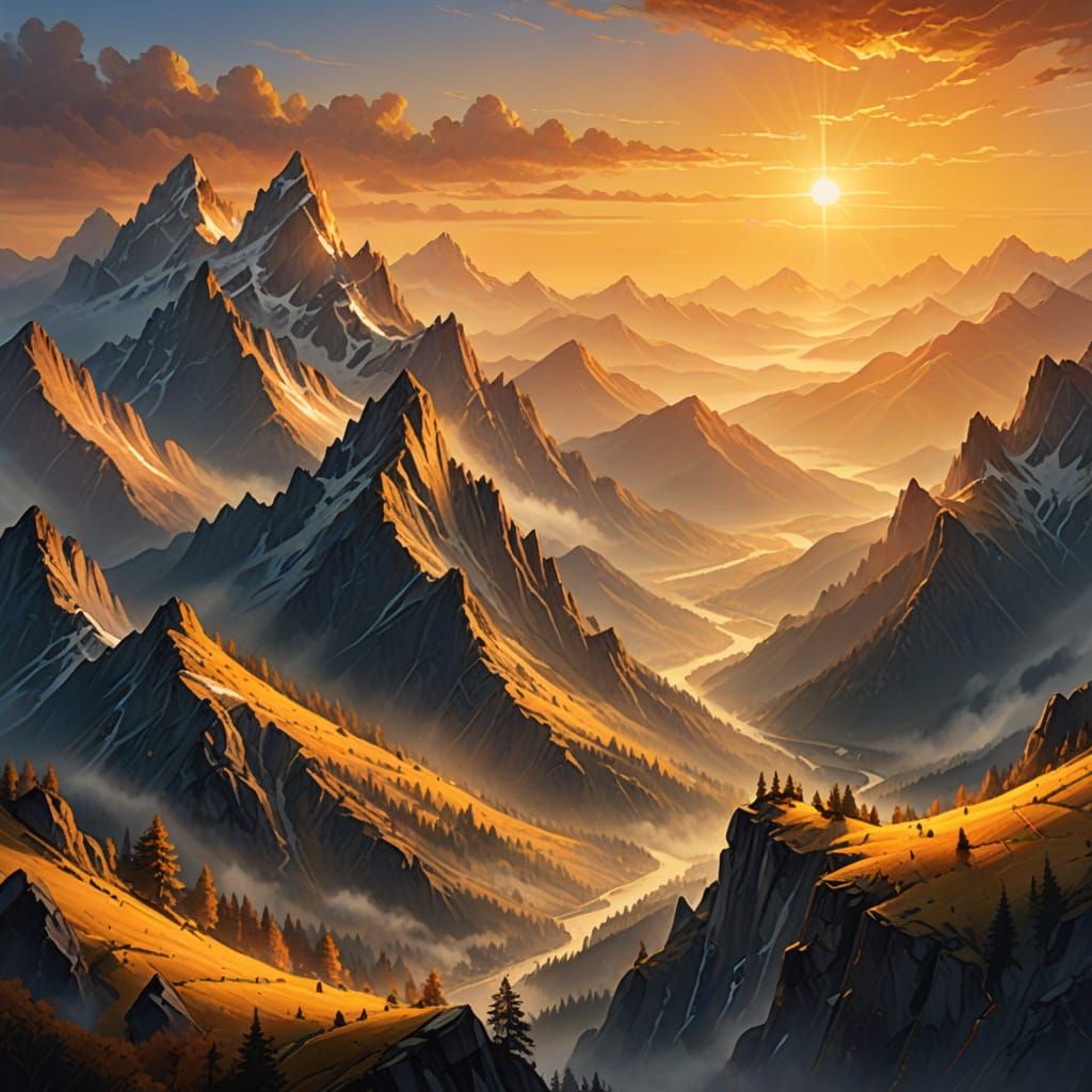 Golden Sunrise Over Misty Mountains in Vibrant Oil Painting ...