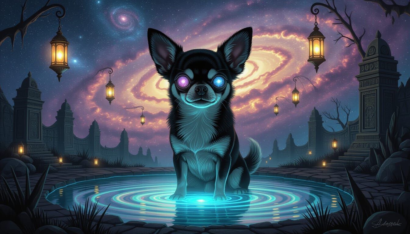 Cosmic Chihuahua Guards Nebula Pond in Surreal Landscape