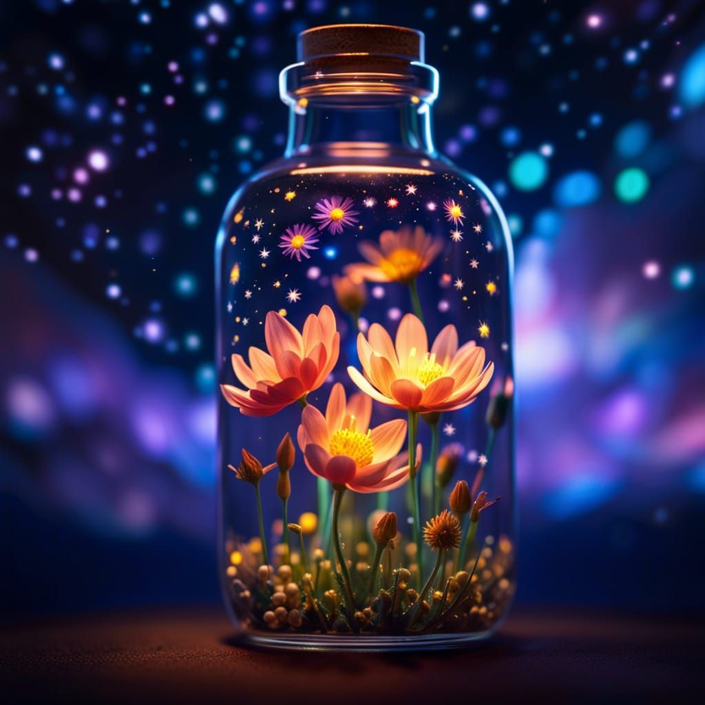 Glowing Flowers in Bottle Under Starry Night Sky