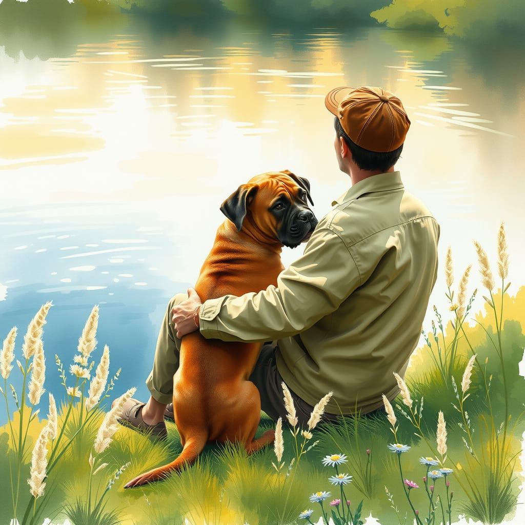 Warm Watercolor Portrait of Man and Loyal Boxer Dog on River...