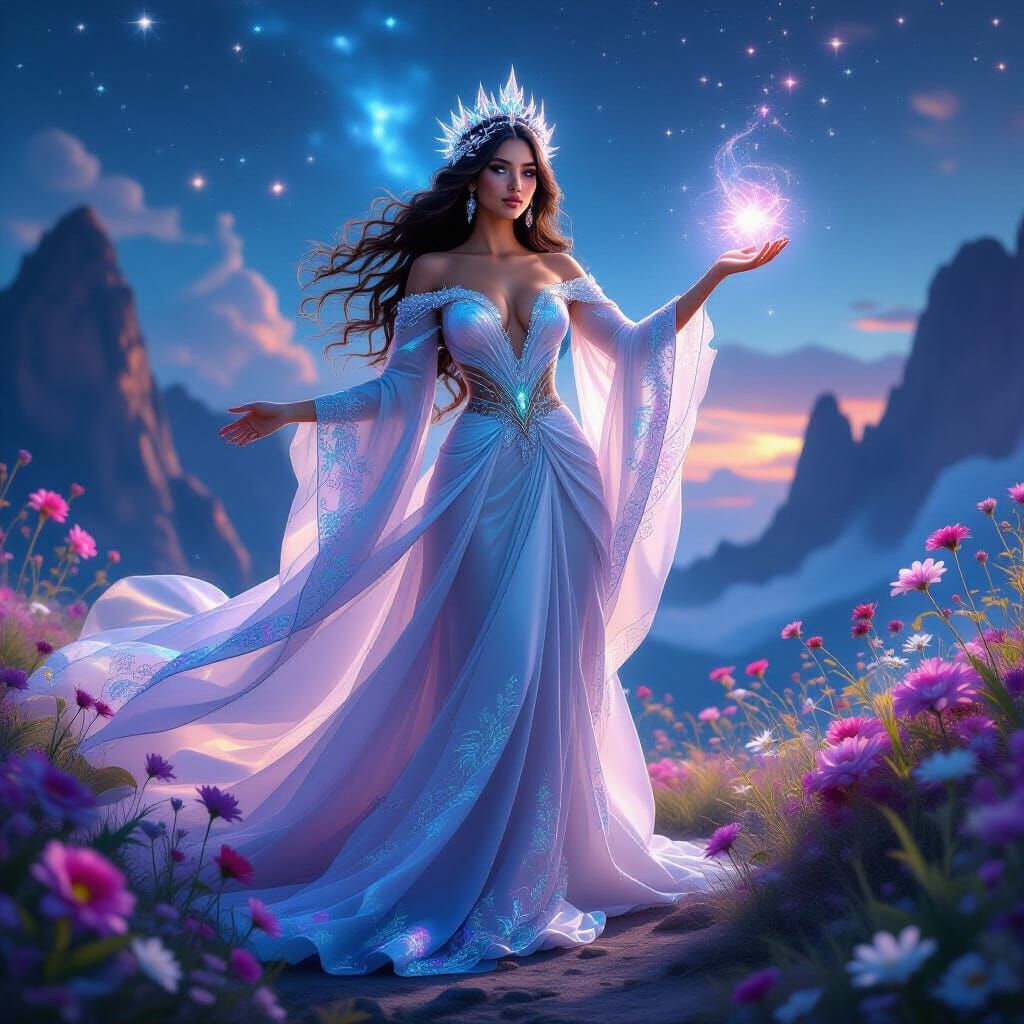 Latina Goddess on Nebula Planet in Digital Art Style