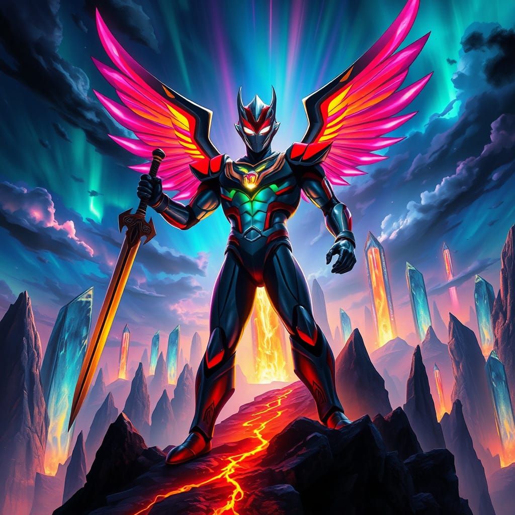 Heroic Ultraman in Chiaroscuro Light, amidst Neon Luminous G...