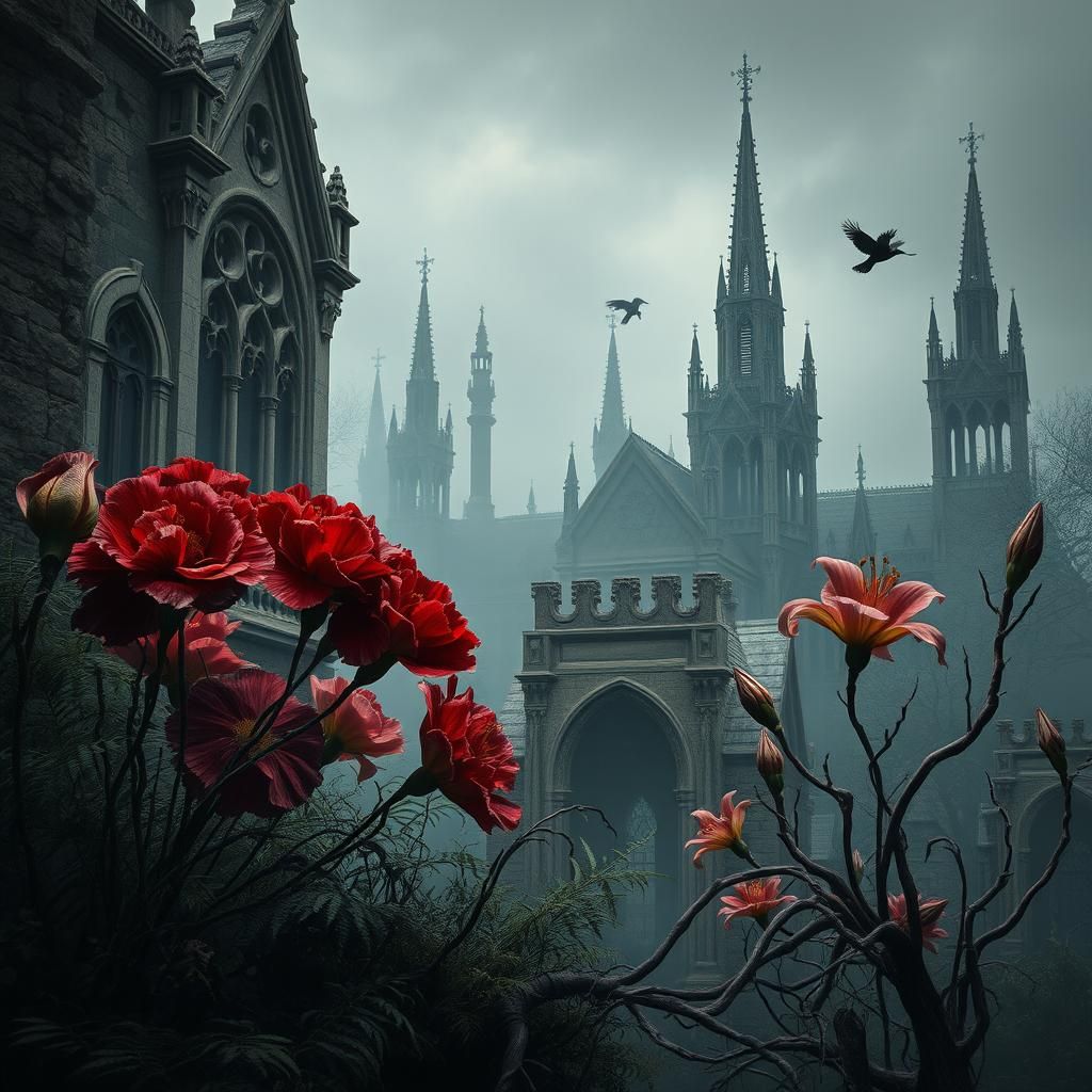 Gothic Garden with Baroque Architecture in Dark Fantasy Styl...