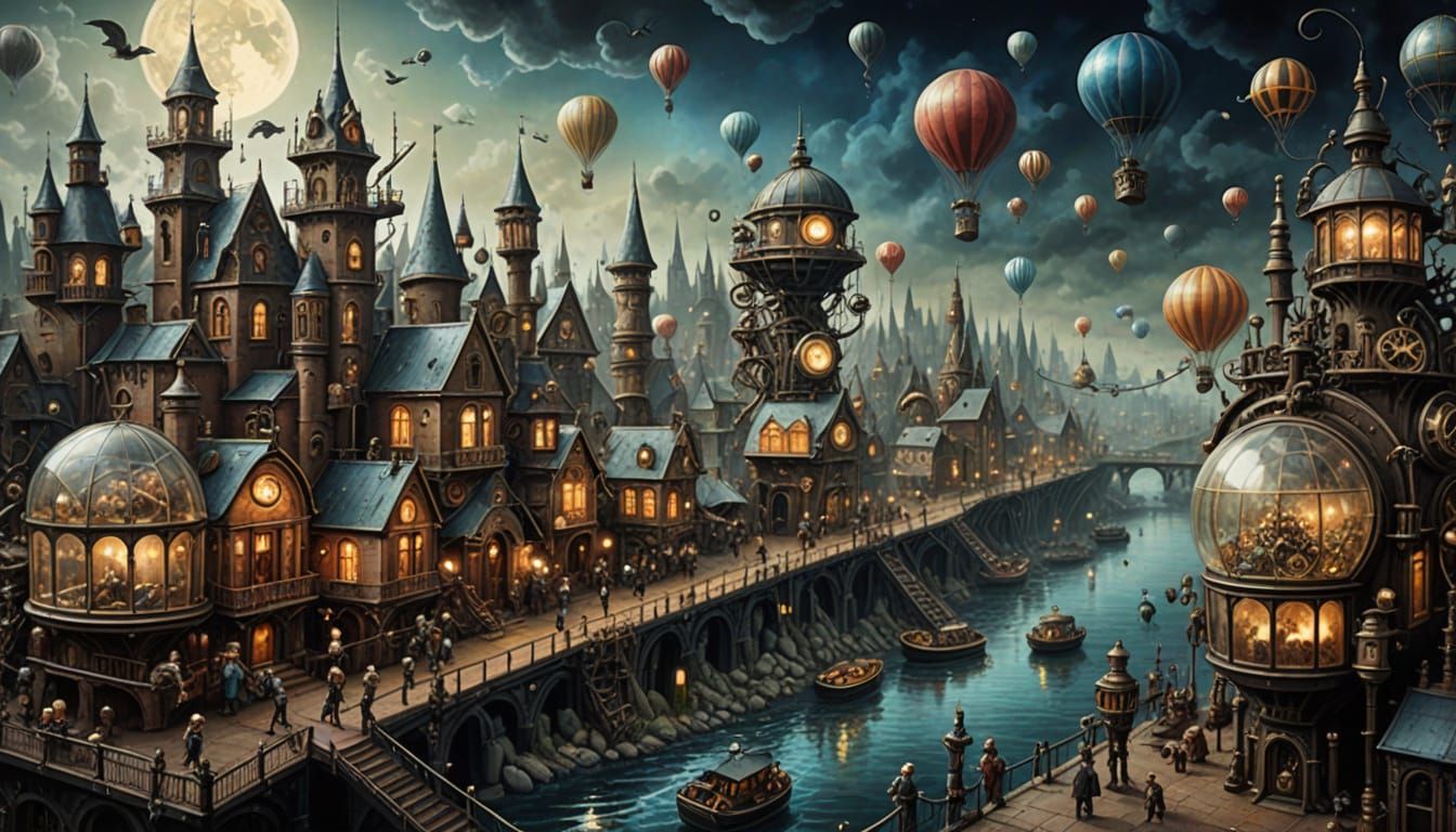 Steampunk Metropolis with Mechanical Animals in Impressionis...