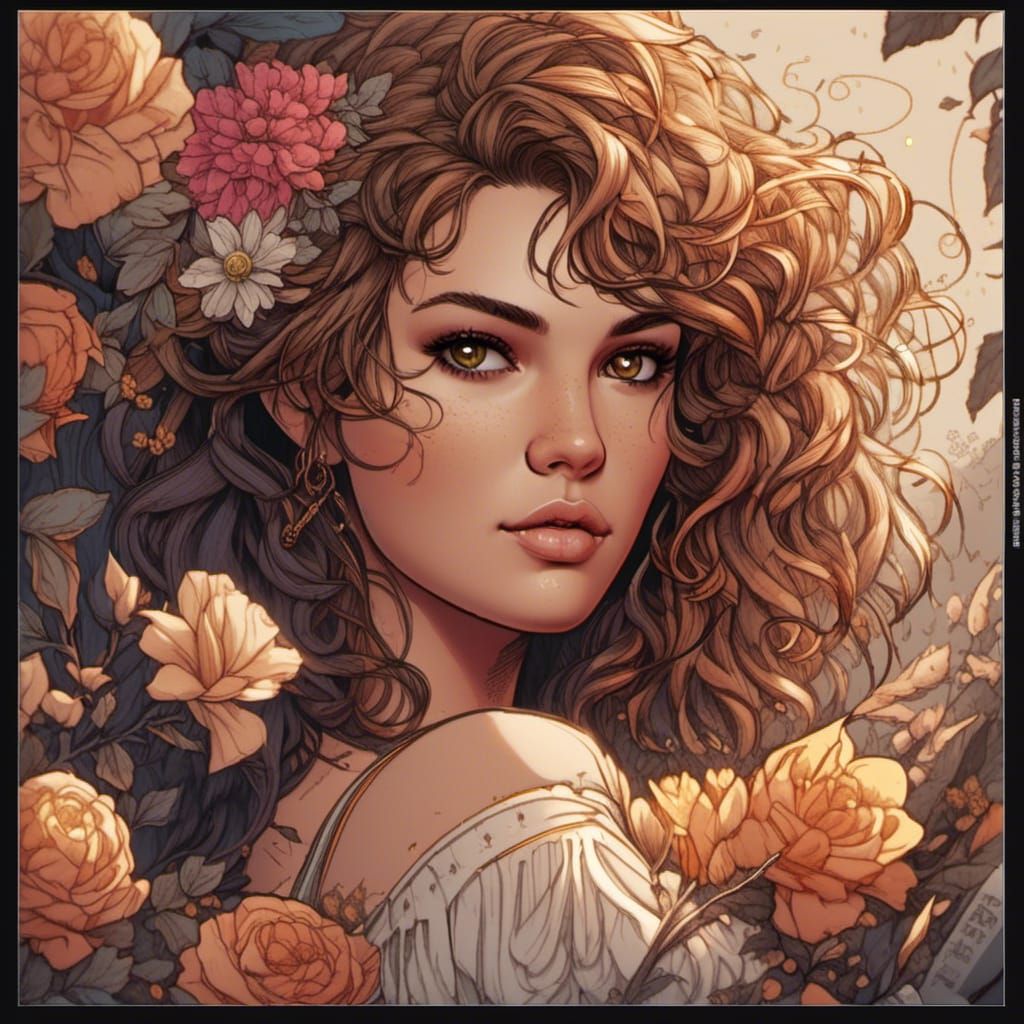 Hand-Drawn Woman with Flowers in Hair