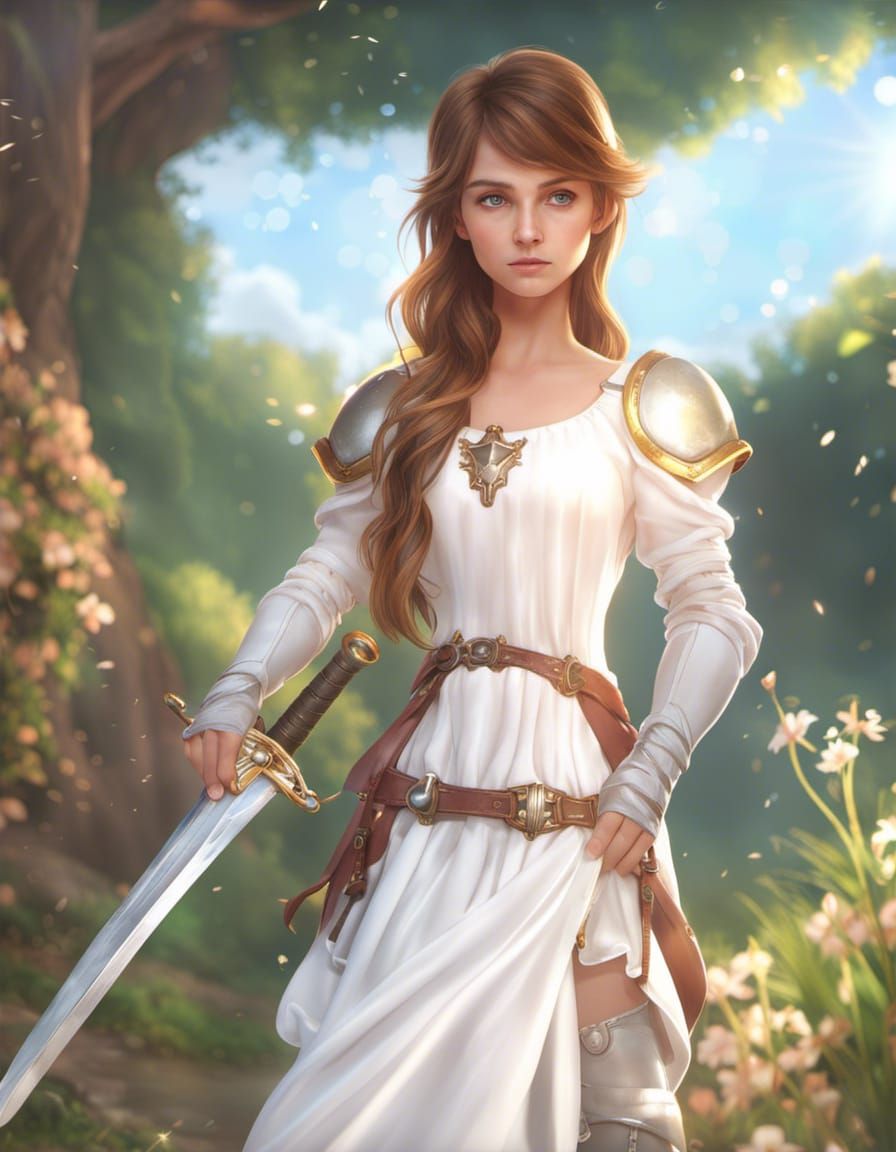 Cute Girl with Sword and Shield: Fantasy Masterpiece
