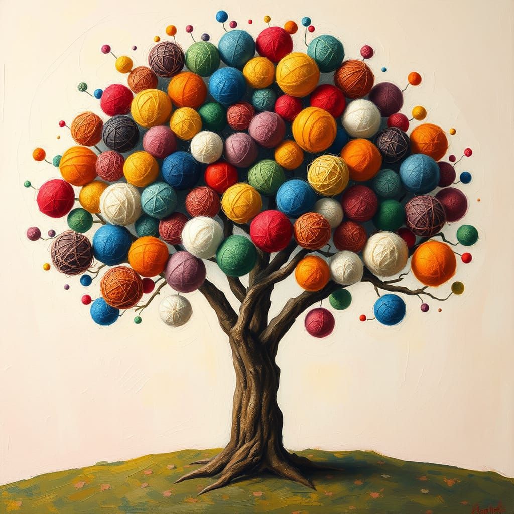 Vibrant Wool Ball Tree in Neo-Impressionist Style