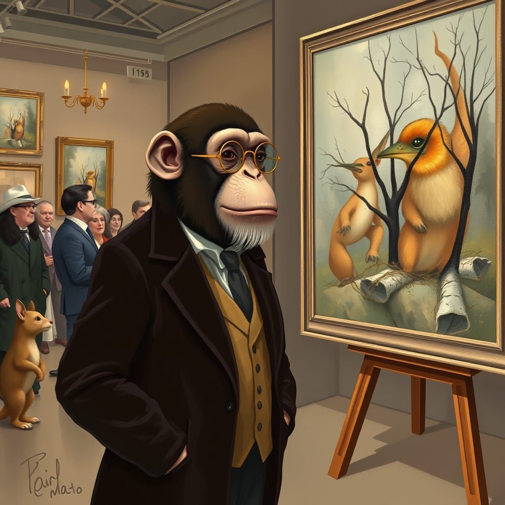 Chimpanzee Art Critic in Storybook Illustration Style