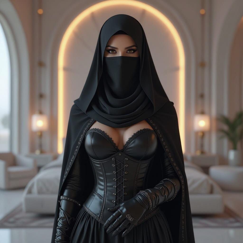 Mysterious Woman in Niqab and Leather Gloves in Fantasy Bedr...