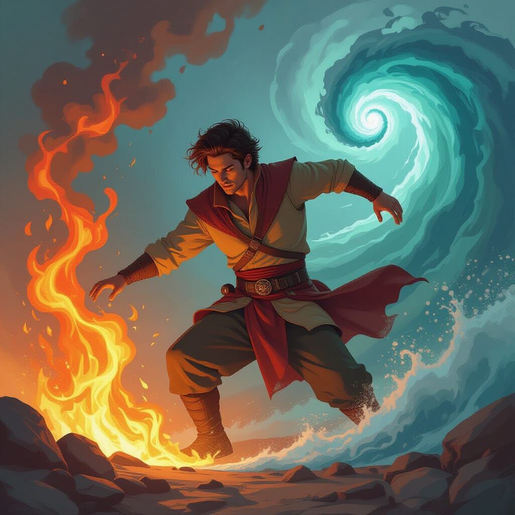 Elemental Bender in a Sci-Fi Fantasy Landscape