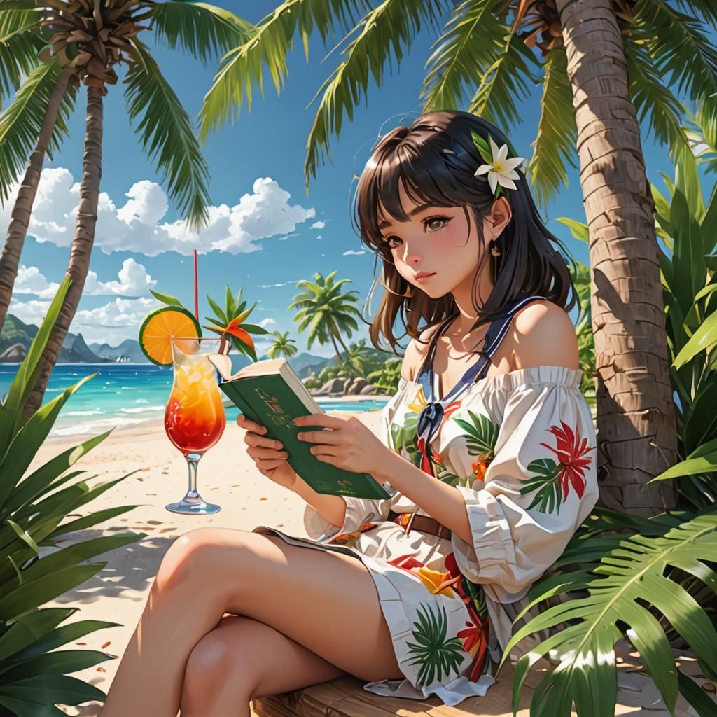 Woman Reading on Beach in Anime Style
