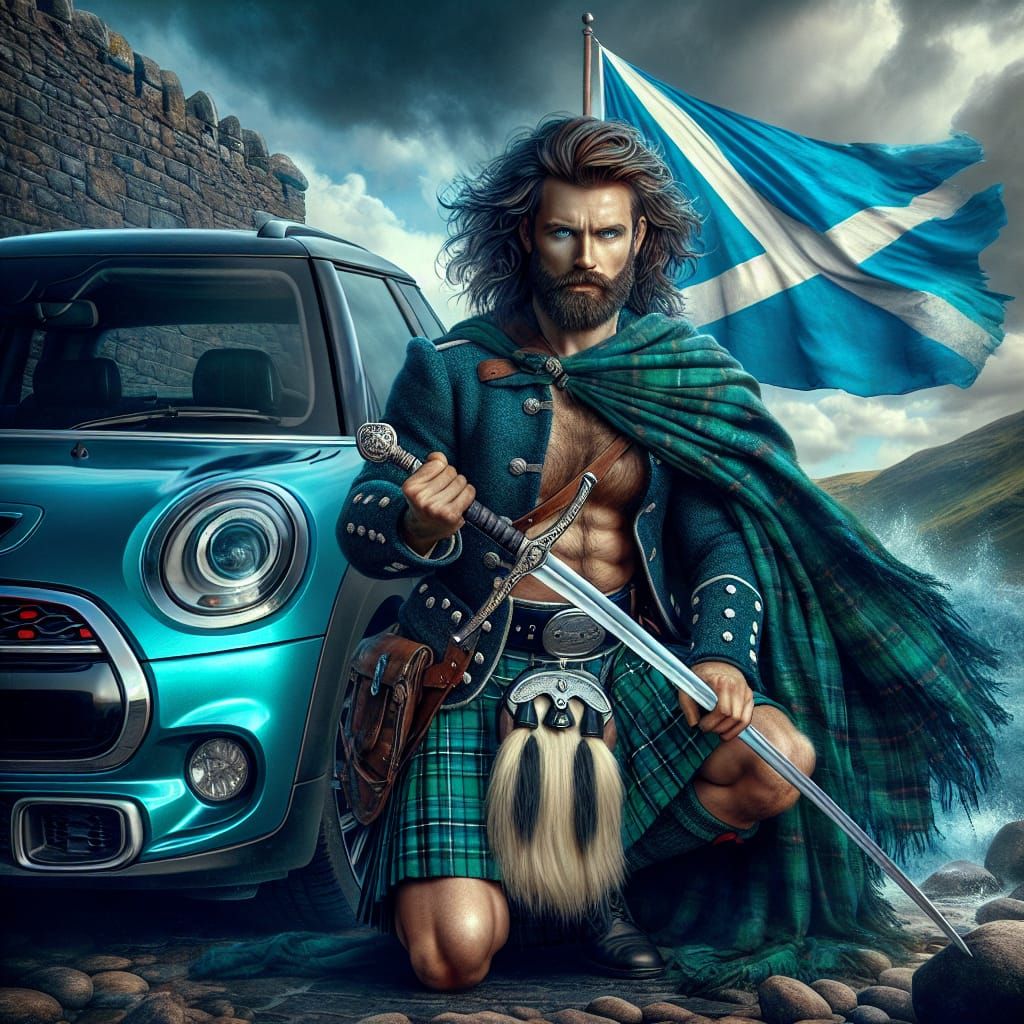 Scottish Highlander with Mini Cooper: Fantasy Concept Art